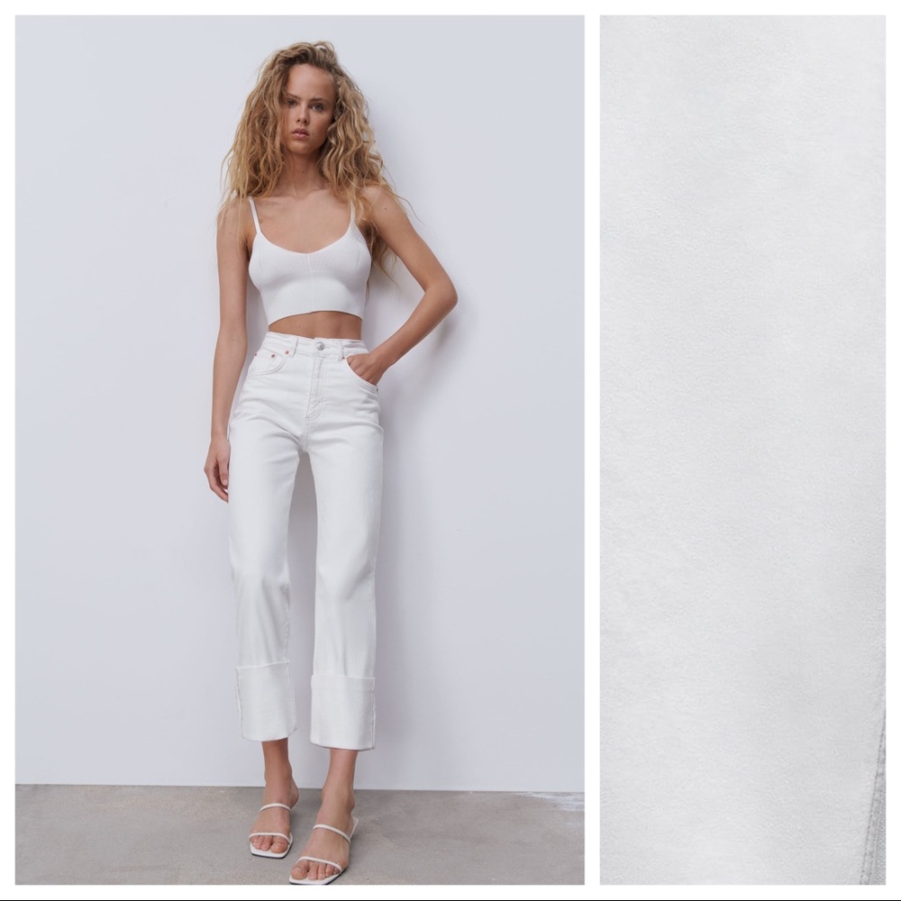 Zara White Wide-Leg Ankle-Length Turn Up Cropped Jeans. Size 6.